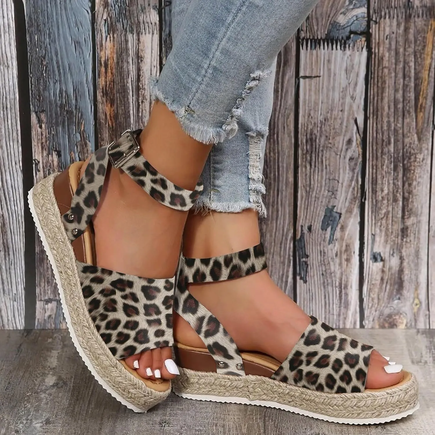 Espadrilles Platform Wedge Sandals for Women 2025 Open Toe Buckle Ankle Strap Platform Dressy Summer Casual Flats with Arch Support Womens Studded Beach Shoes