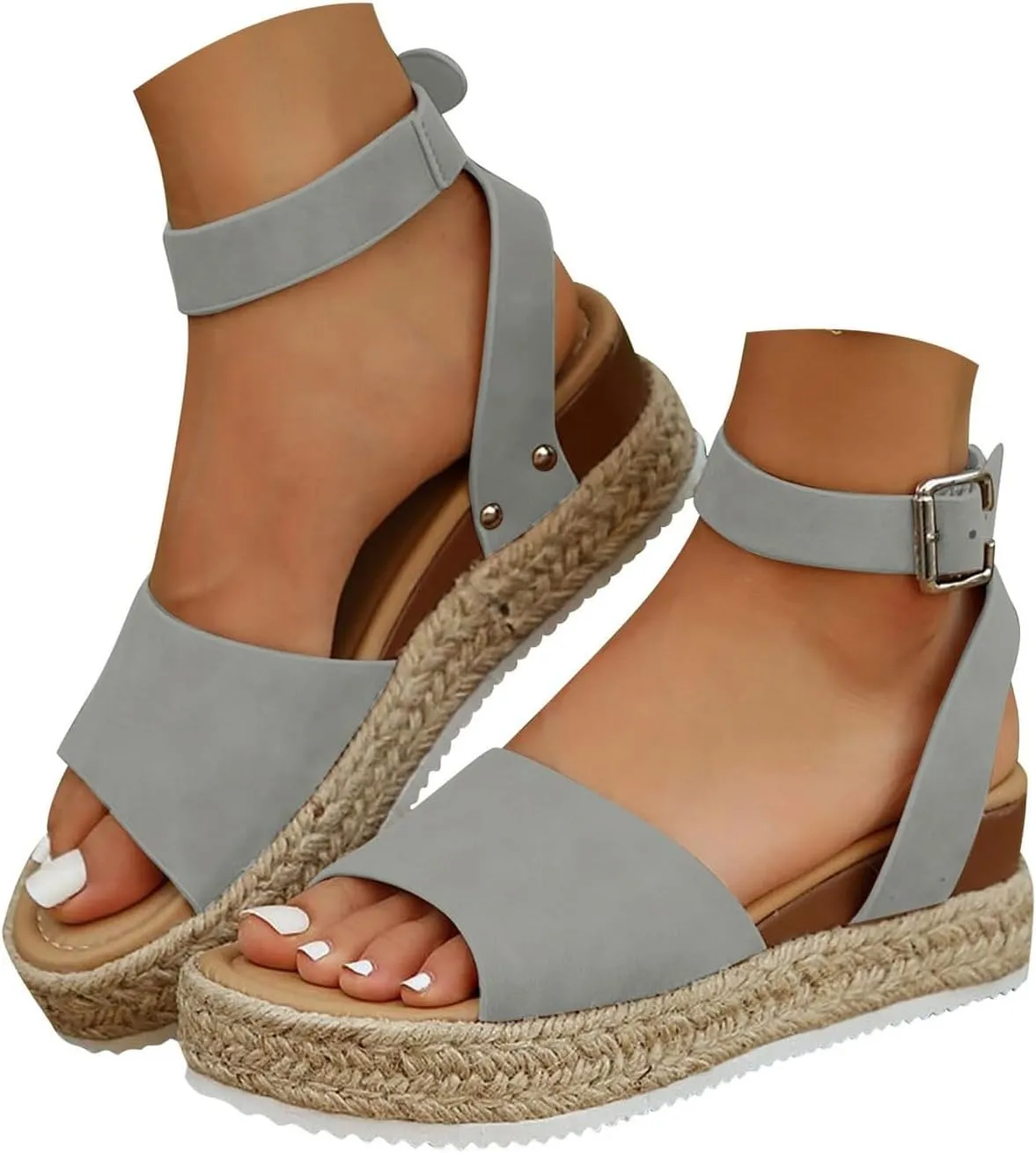 Espadrilles Platform Wedge Sandals for Women 2025 Open Toe Buckle Ankle Strap Platform Dressy Summer Casual Flats with Arch Support Womens Studded Beach Shoes