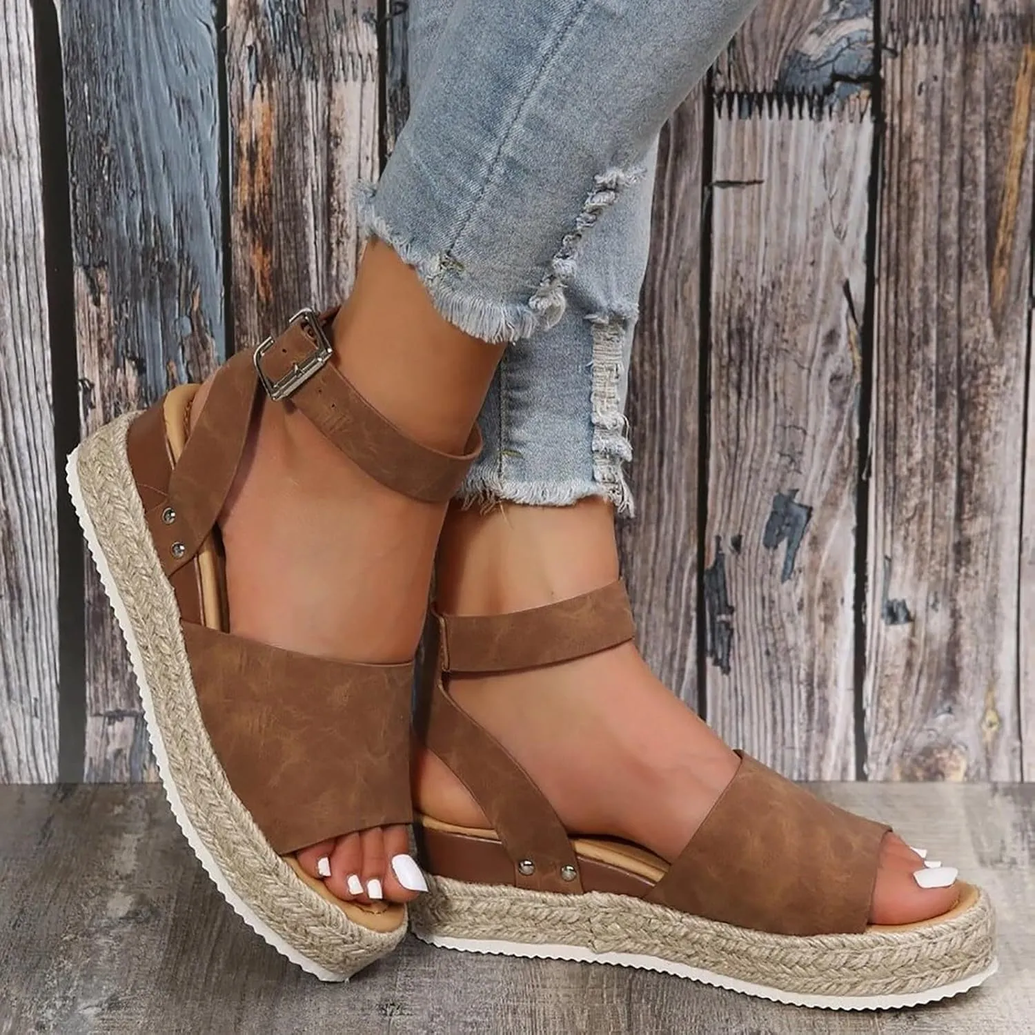 Espadrilles Platform Wedge Sandals for Women 2025 Open Toe Buckle Ankle Strap Platform Dressy Summer Casual Flats with Arch Support Womens Studded Beach Shoes