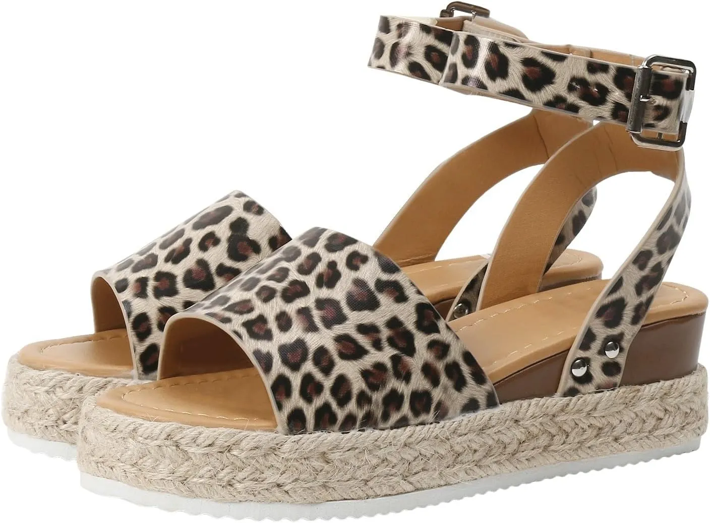 Espadrilles Platform Wedge Sandals for Women 2025 Open Toe Buckle Ankle Strap Platform Dressy Summer Casual Flats with Arch Support Womens Studded Beach Shoes