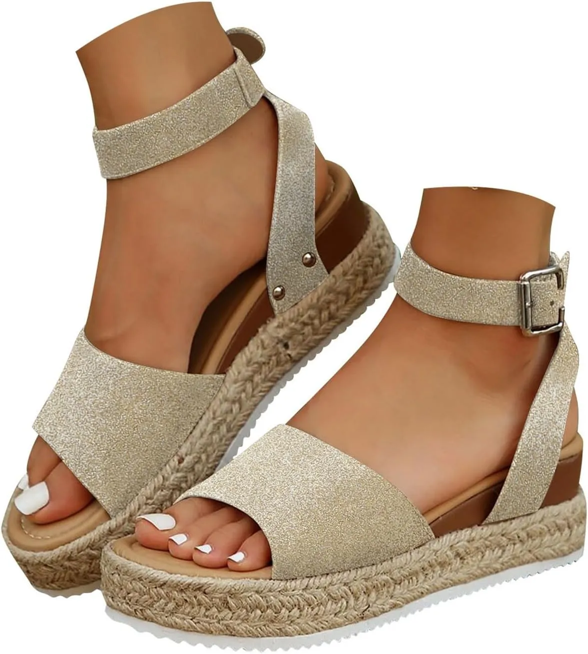 Espadrilles Platform Wedge Sandals for Women 2025 Open Toe Buckle Ankle Strap Platform Dressy Summer Casual Flats with Arch Support Womens Studded Beach Shoes