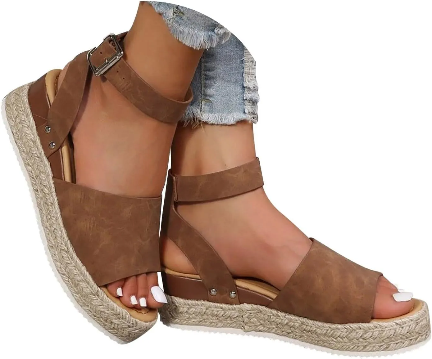 Espadrilles Platform Wedge Sandals for Women 2025 Open Toe Buckle Ankle Strap Platform Dressy Summer Casual Flats with Arch Support Womens Studded Beach Shoes