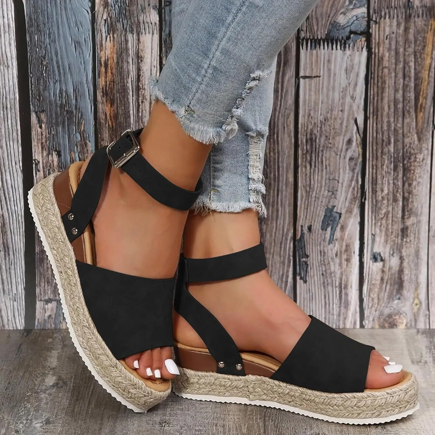 Espadrilles Platform Wedge Sandals for Women 2025 Open Toe Buckle Ankle Strap Platform Dressy Summer Casual Flats with Arch Support Womens Studded Beach Shoes