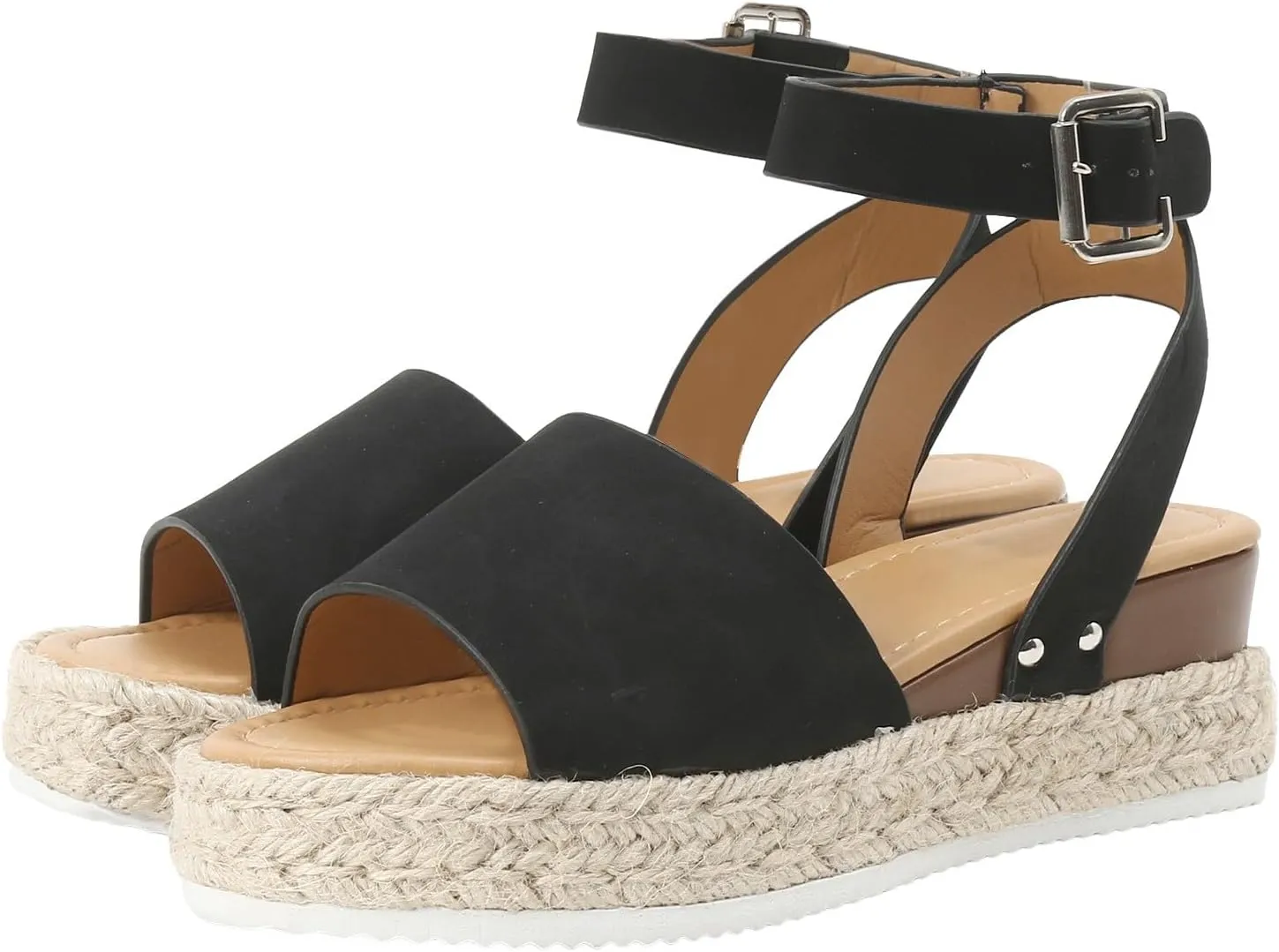 Espadrilles Platform Wedge Sandals for Women 2025 Open Toe Buckle Ankle Strap Platform Dressy Summer Casual Flats with Arch Support Womens Studded Beach Shoes
