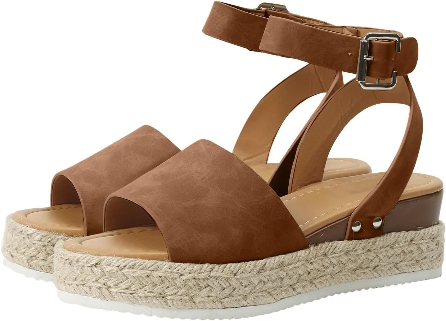 Espadrilles Platform Wedge Sandals for Women 2025 Open Toe Buckle Ankle Strap Platform Dressy Summer Casual Flats with Arch Support Womens Studded Beach Shoes
