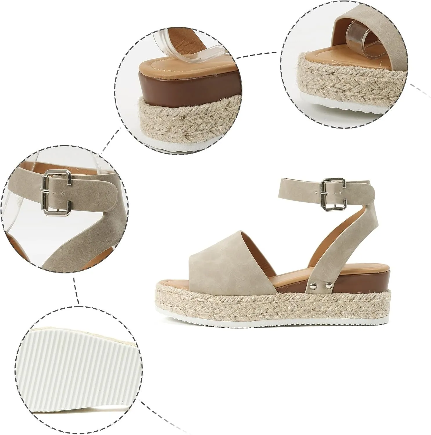 Espadrilles Platform Wedge Sandals for Women 2025 Open Toe Buckle Ankle Strap Platform Dressy Summer Casual Flats with Arch Support Womens Studded Beach Shoes