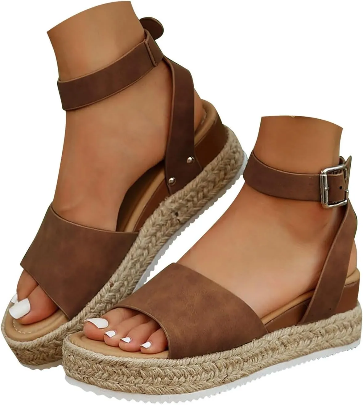 Espadrilles Platform Wedge Sandals for Women 2025 Open Toe Buckle Ankle Strap Platform Dressy Summer Casual Flats with Arch Support Womens Studded Beach Shoes