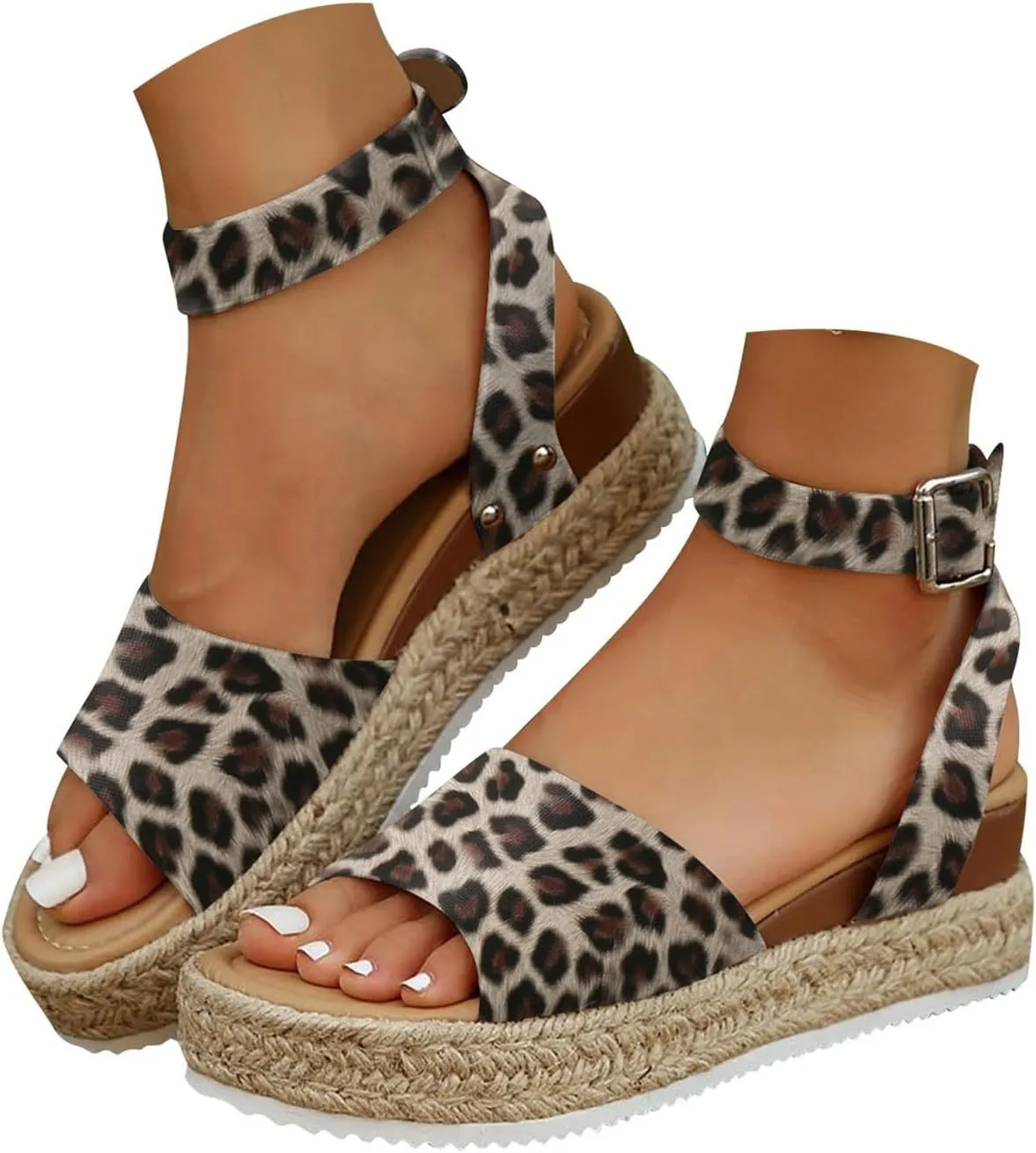 Espadrilles Platform Wedge Sandals for Women 2025 Open Toe Buckle Ankle Strap Platform Dressy Summer Casual Flats with Arch Support Womens Studded Beach Shoes