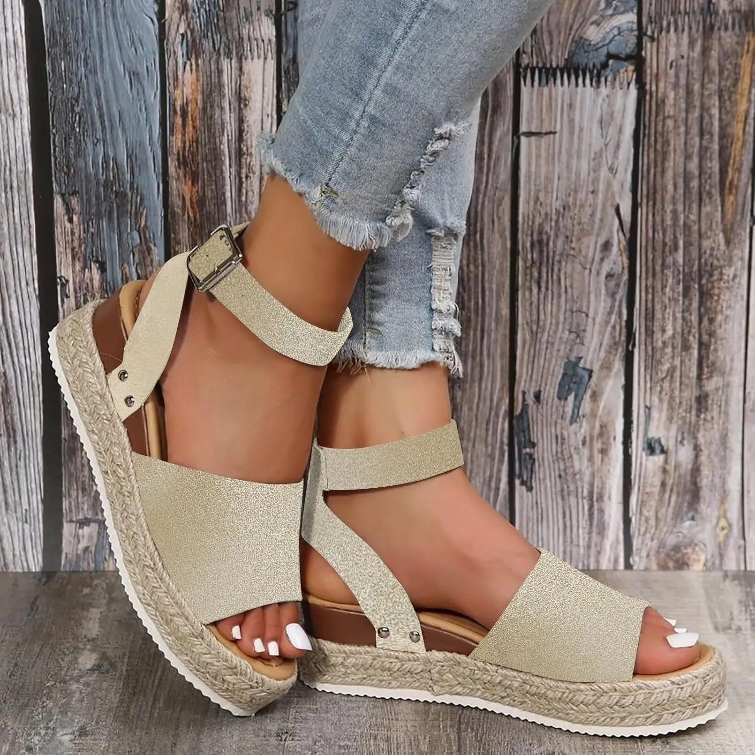 Espadrilles Platform Wedge Sandals for Women 2025 Open Toe Buckle Ankle Strap Platform Dressy Summer Casual Flats with Arch Support Womens Studded Beach Shoes