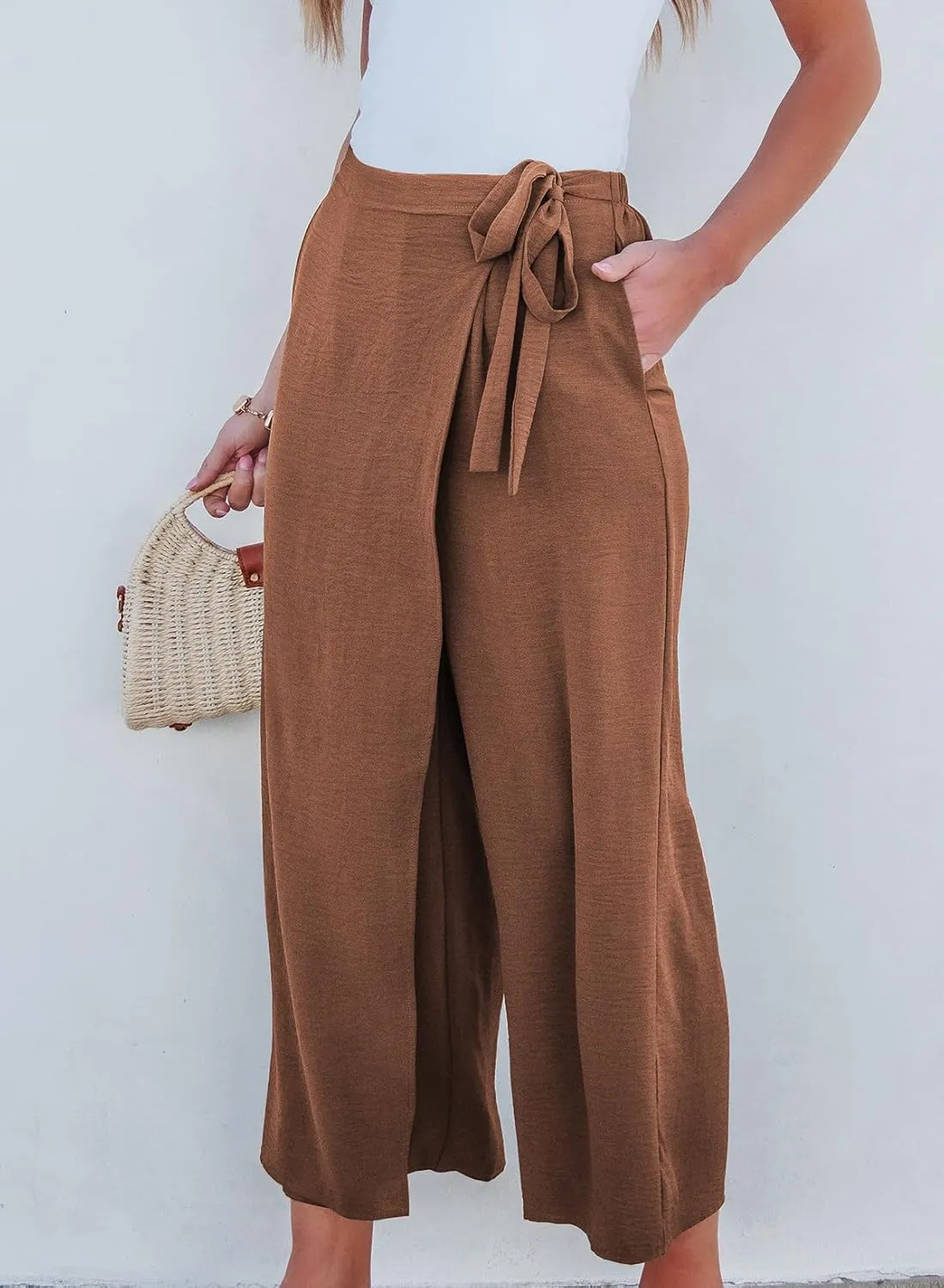 EVALESS Women's Wide Leg Palazzo Pants Work Casual Trousers Summer Elastic High Waisted Cute Side Tie Culottes with Pockets