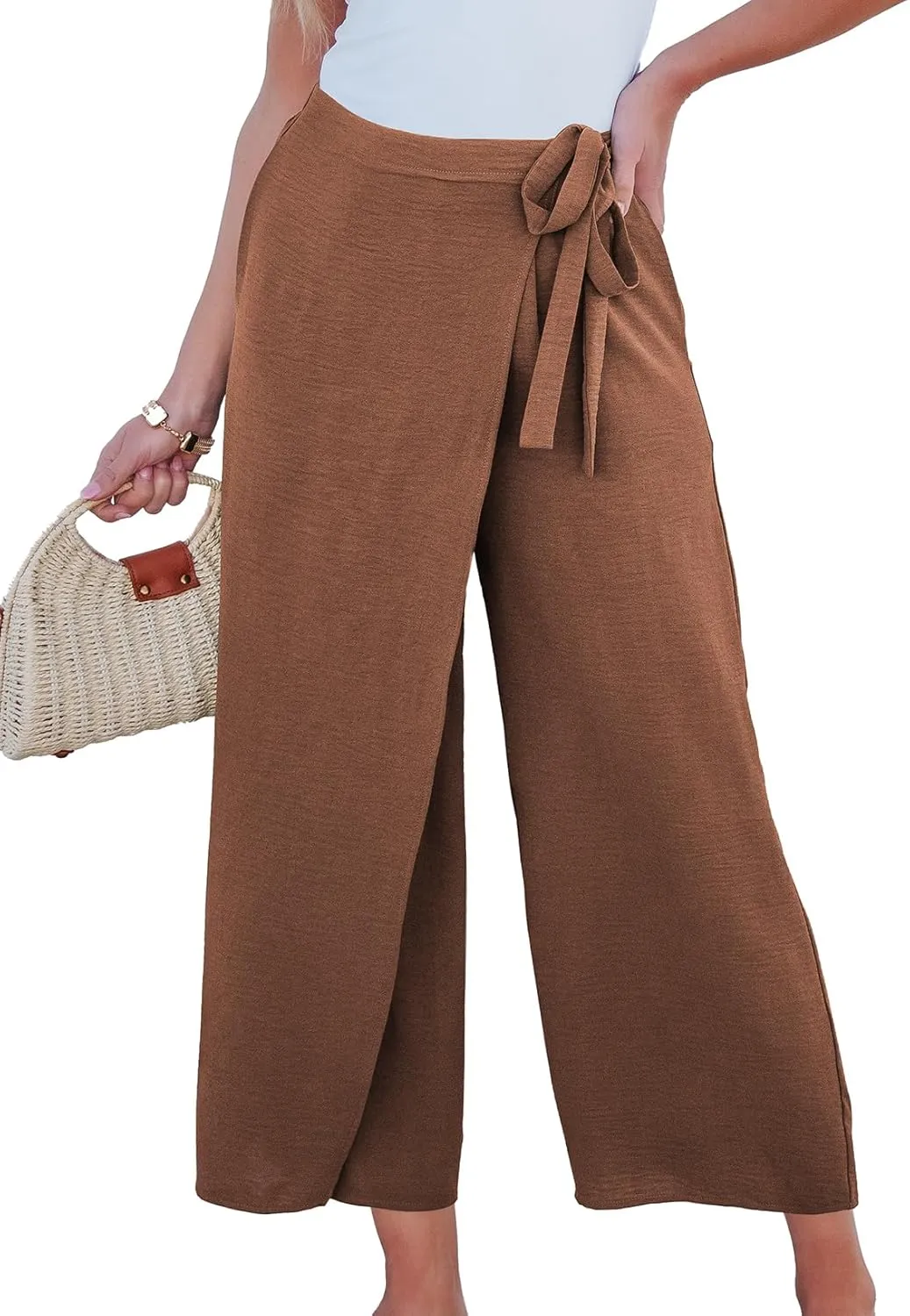 EVALESS Women's Wide Leg Palazzo Pants Work Casual Trousers Summer Elastic High Waisted Cute Side Tie Culottes with Pockets
