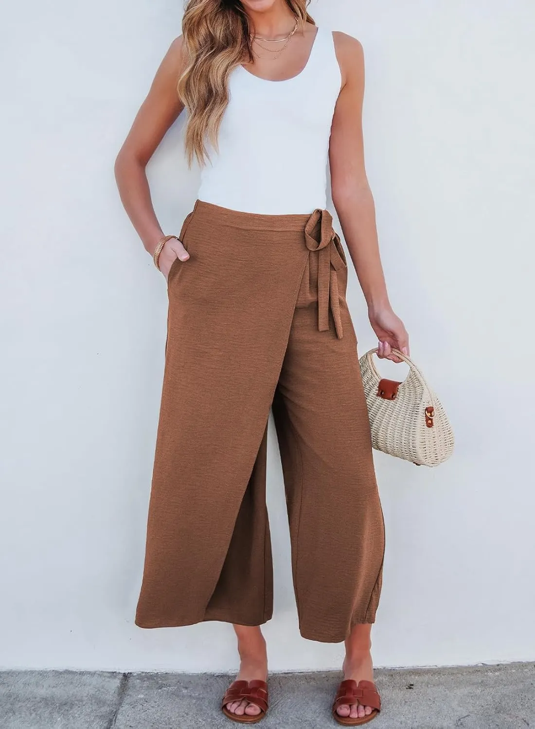 EVALESS Women's Wide Leg Palazzo Pants Work Casual Trousers Summer Elastic High Waisted Cute Side Tie Culottes with Pockets