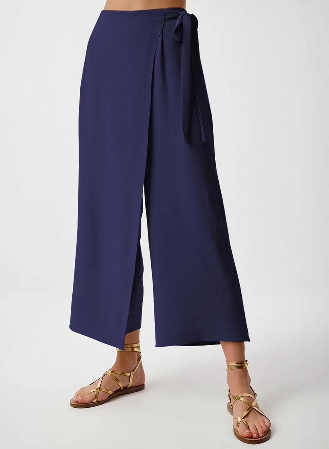 EVALESS Women's Wide Leg Palazzo Pants Work Casual Trousers Summer Elastic High Waisted Cute Side Tie Culottes with Pockets