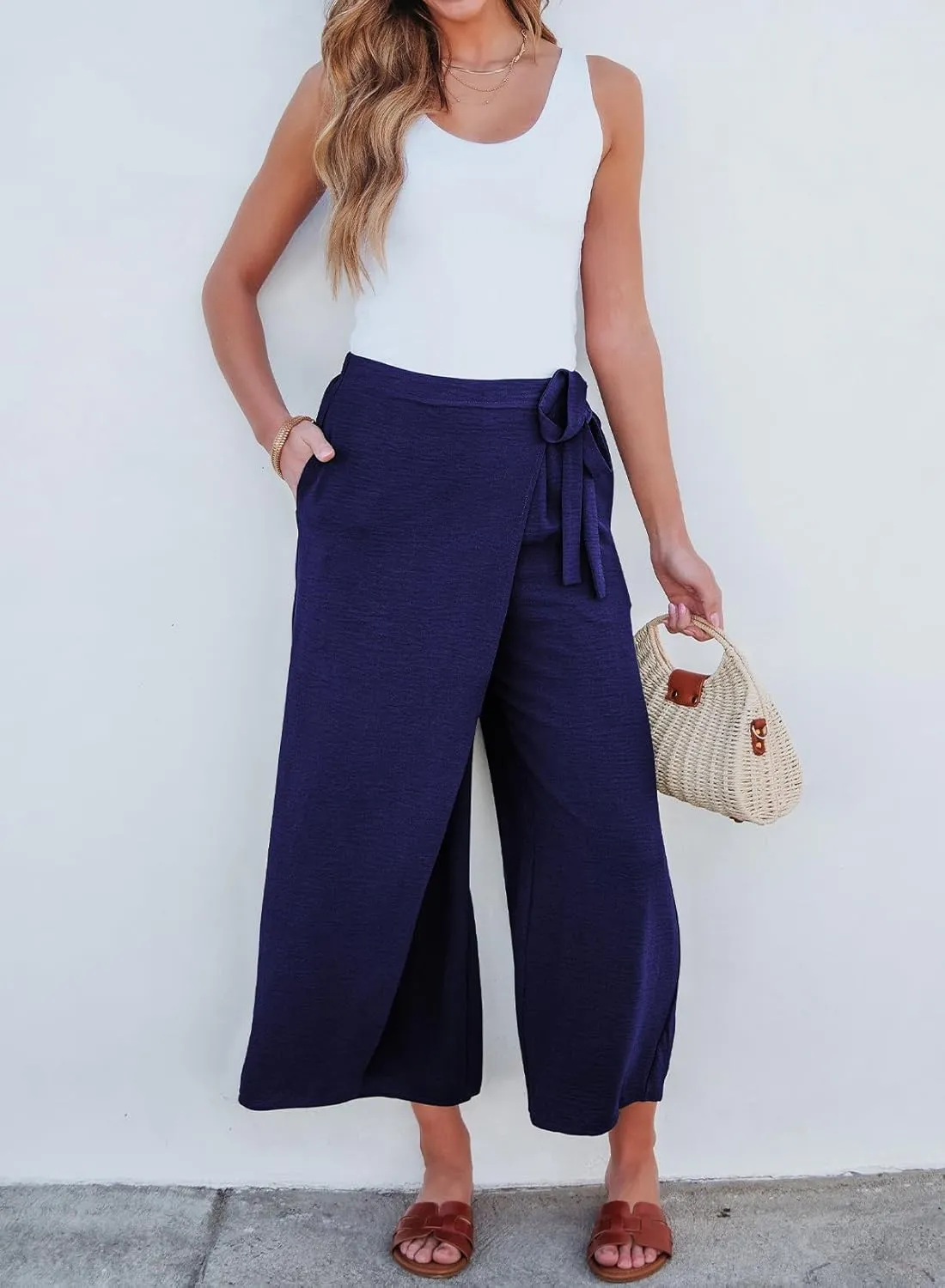 EVALESS Women's Wide Leg Palazzo Pants Work Casual Trousers Summer Elastic High Waisted Cute Side Tie Culottes with Pockets