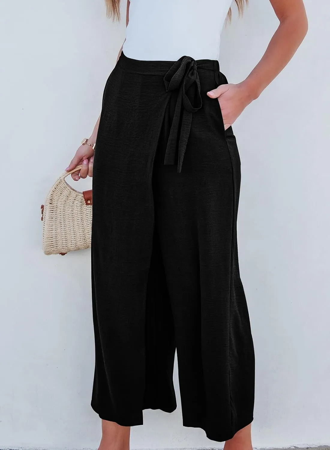 EVALESS Women's Wide Leg Palazzo Pants Work Casual Trousers Summer Elastic High Waisted Cute Side Tie Culottes with Pockets