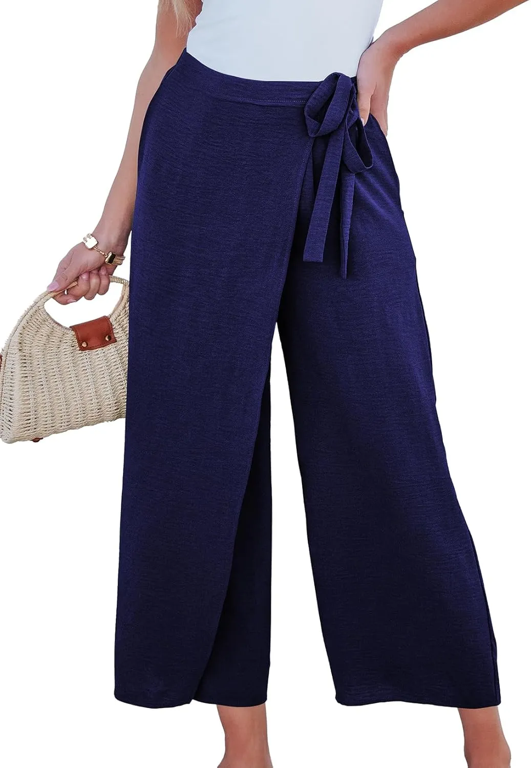 EVALESS Women's Wide Leg Palazzo Pants Work Casual Trousers Summer Elastic High Waisted Cute Side Tie Culottes with Pockets