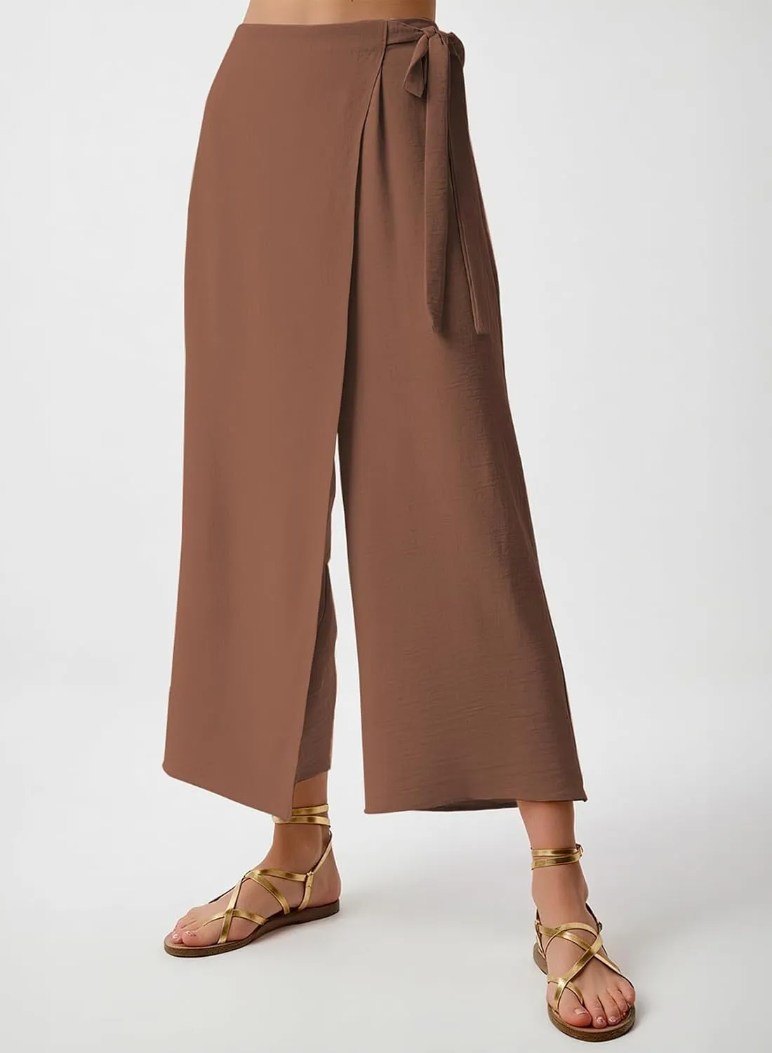 EVALESS Women's Wide Leg Palazzo Pants Work Casual Trousers Summer Elastic High Waisted Cute Side Tie Culottes with Pockets
