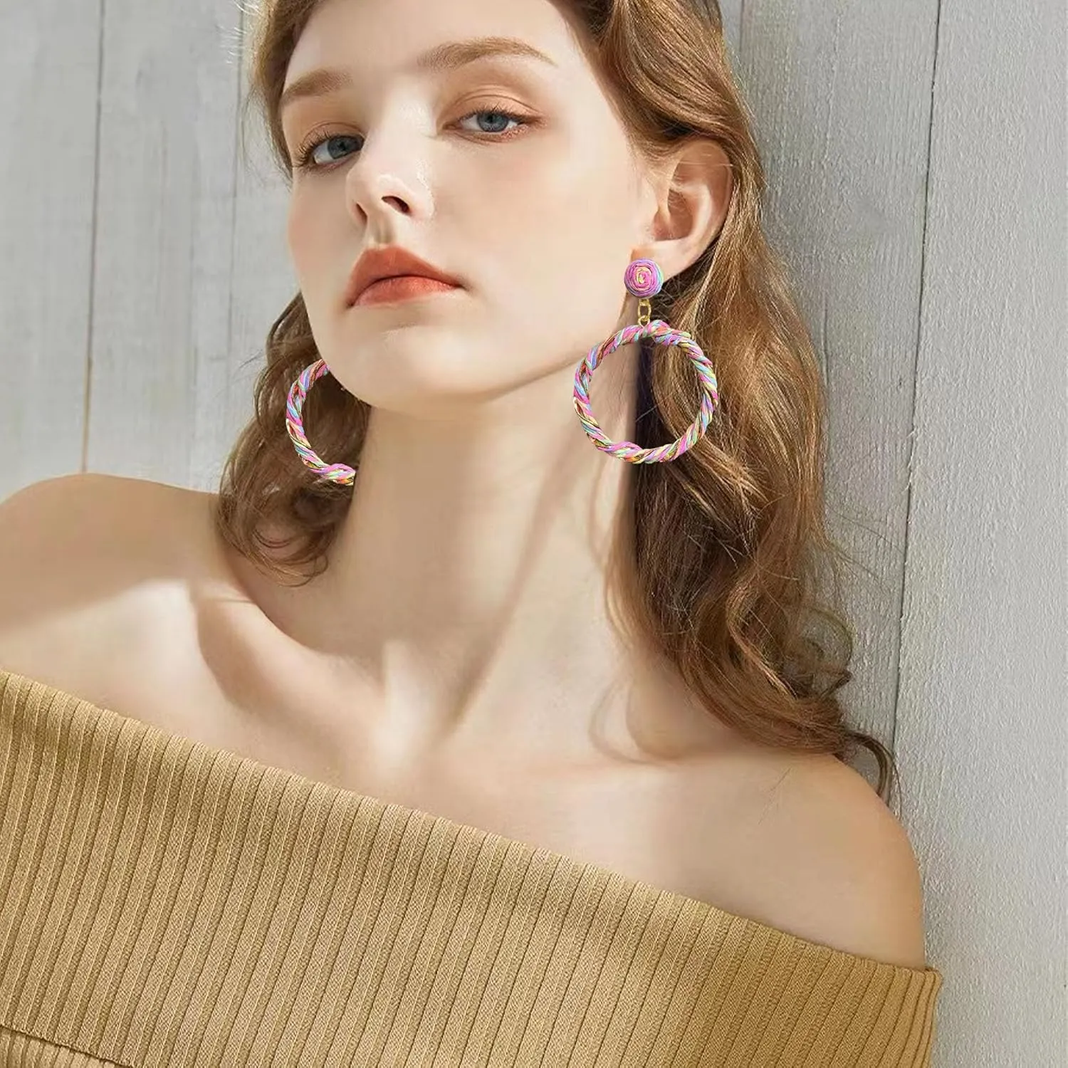 Exaggerate Boho Raffia Hoop Earrings for Women Two-Color Woven Statement Hoops for Summer