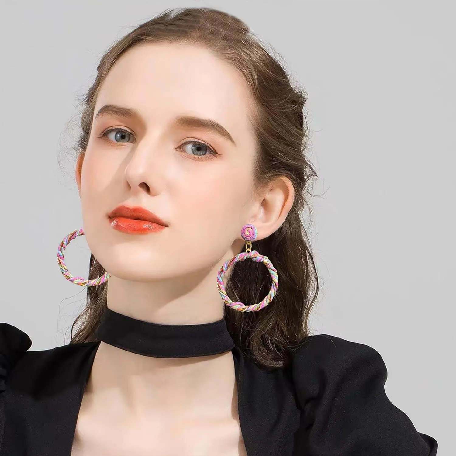 Exaggerate Boho Raffia Hoop Earrings for Women Two-Color Woven Statement Hoops for Summer