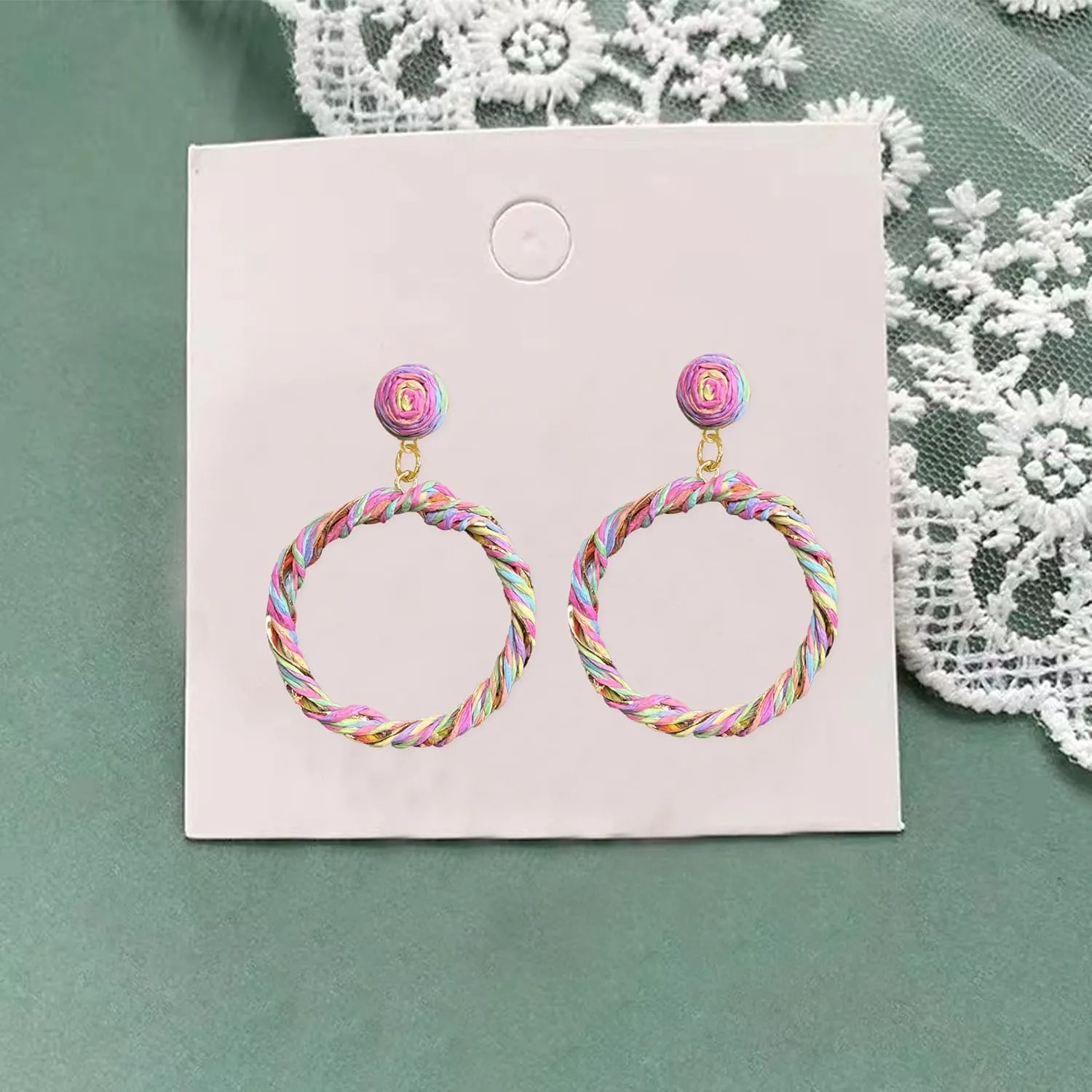 Exaggerate Boho Raffia Hoop Earrings for Women Two-Color Woven Statement Hoops for Summer