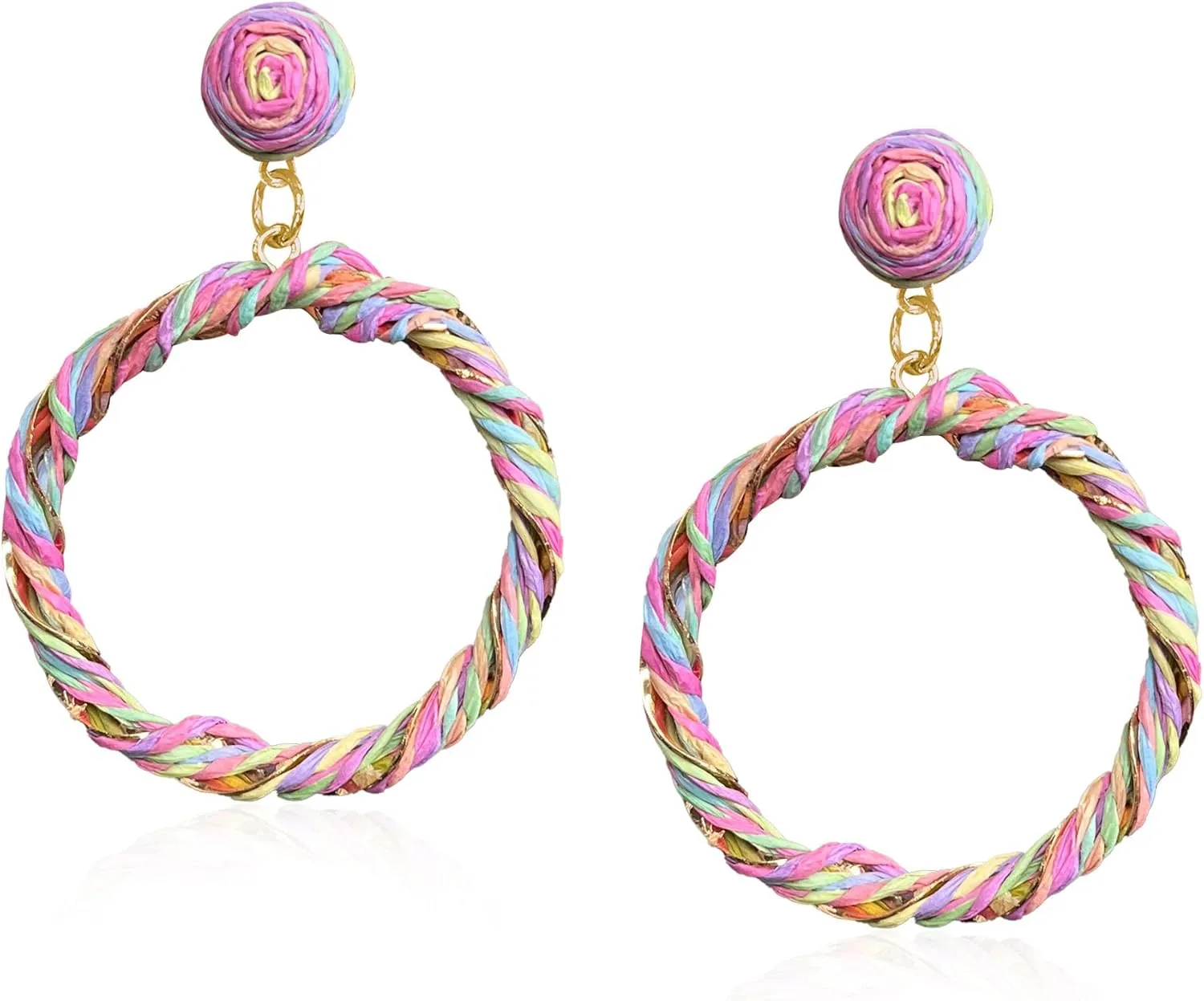 Exaggerate Boho Raffia Hoop Earrings for Women Two-Color Woven Statement Hoops for Summer