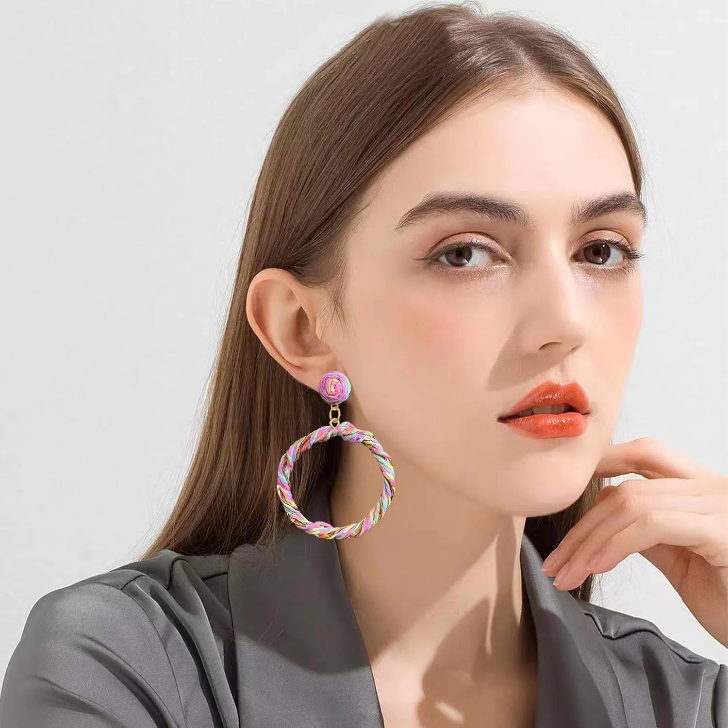 Exaggerate Boho Raffia Hoop Earrings for Women Two-Color Woven Statement Hoops for Summer
