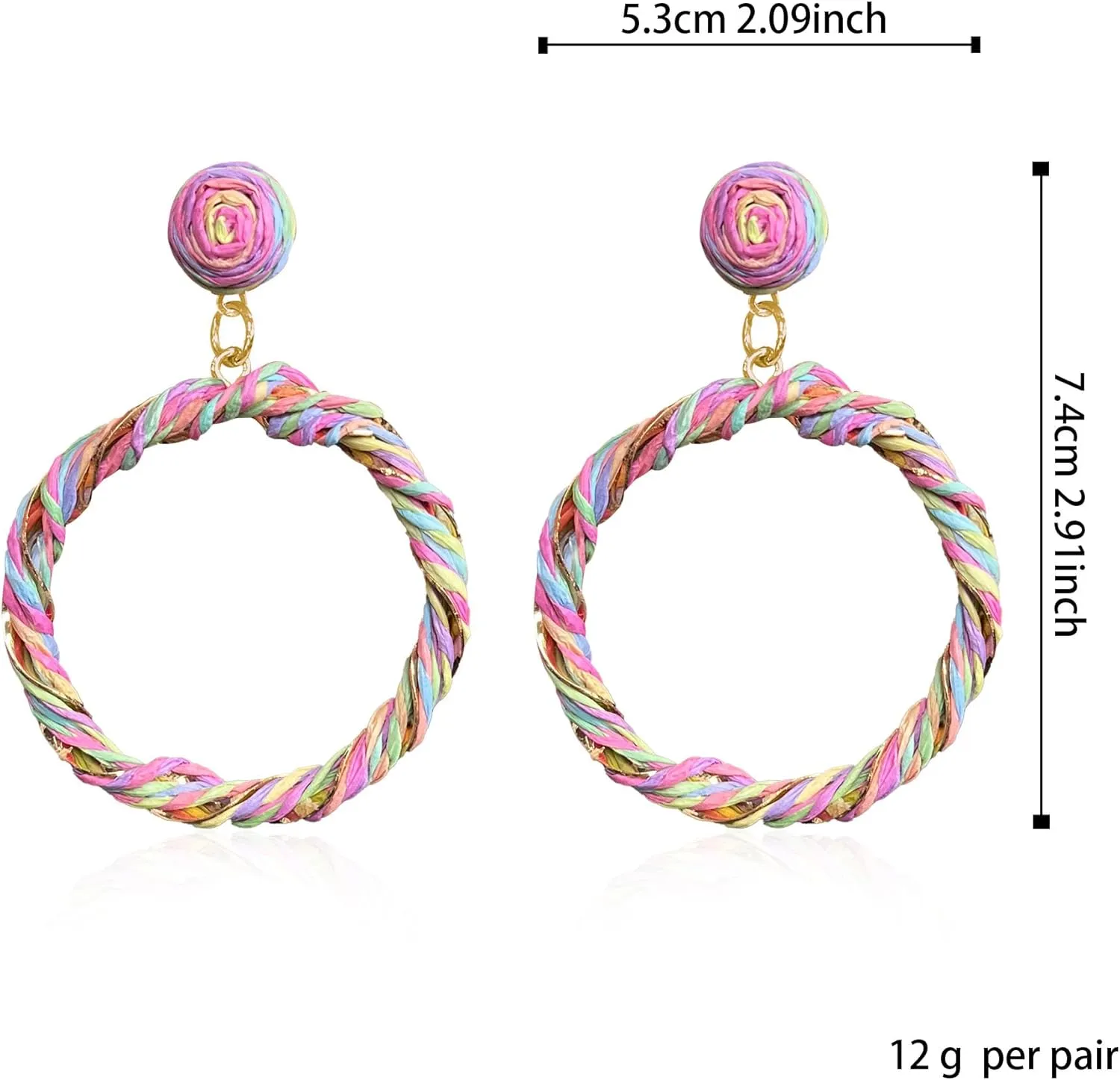 Exaggerate Boho Raffia Hoop Earrings for Women Two-Color Woven Statement Hoops for Summer