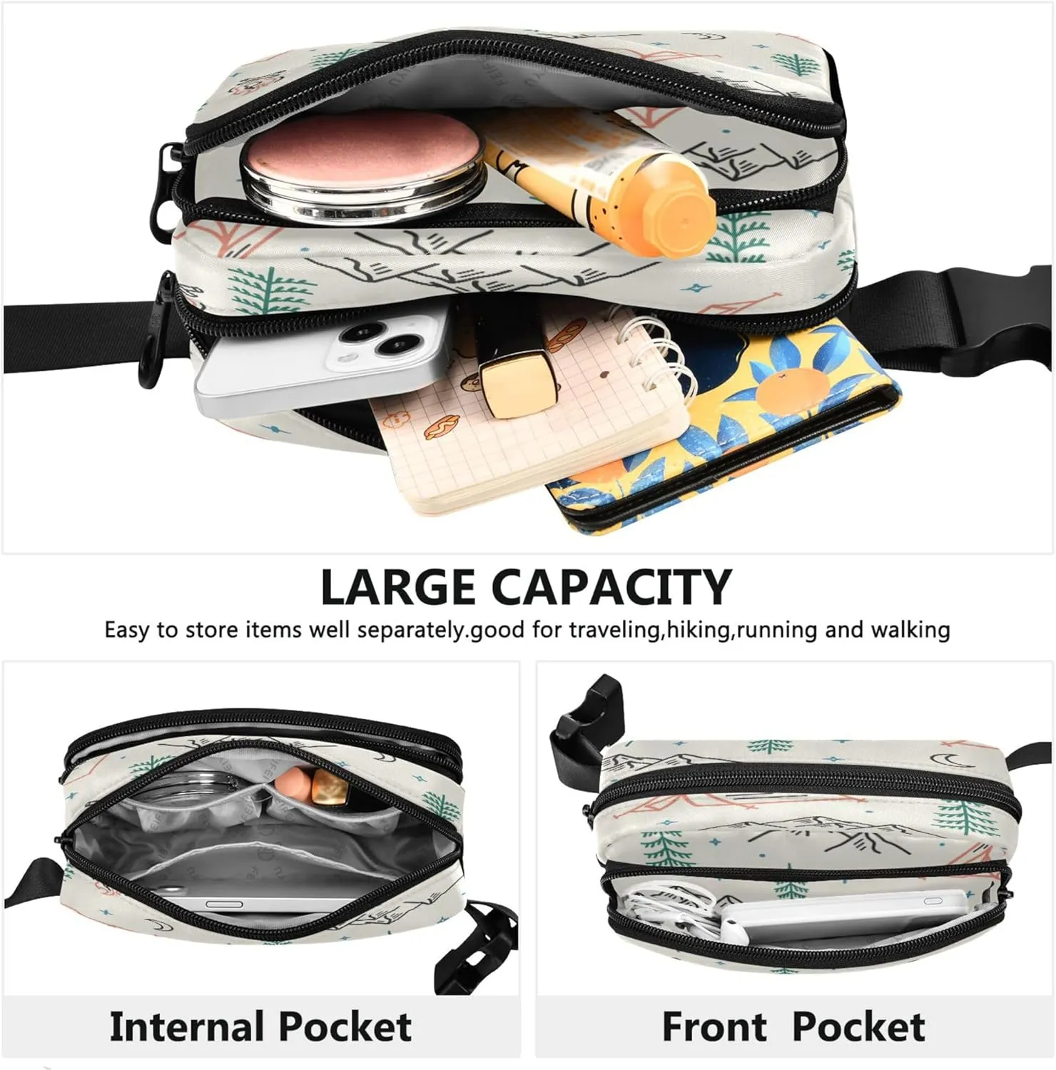 Exnundod Fanny Packs Camping Elements Tents Running Waist Pack Campfires Mountains Women Crossbody Bags Waterproof Men Fanny Pack