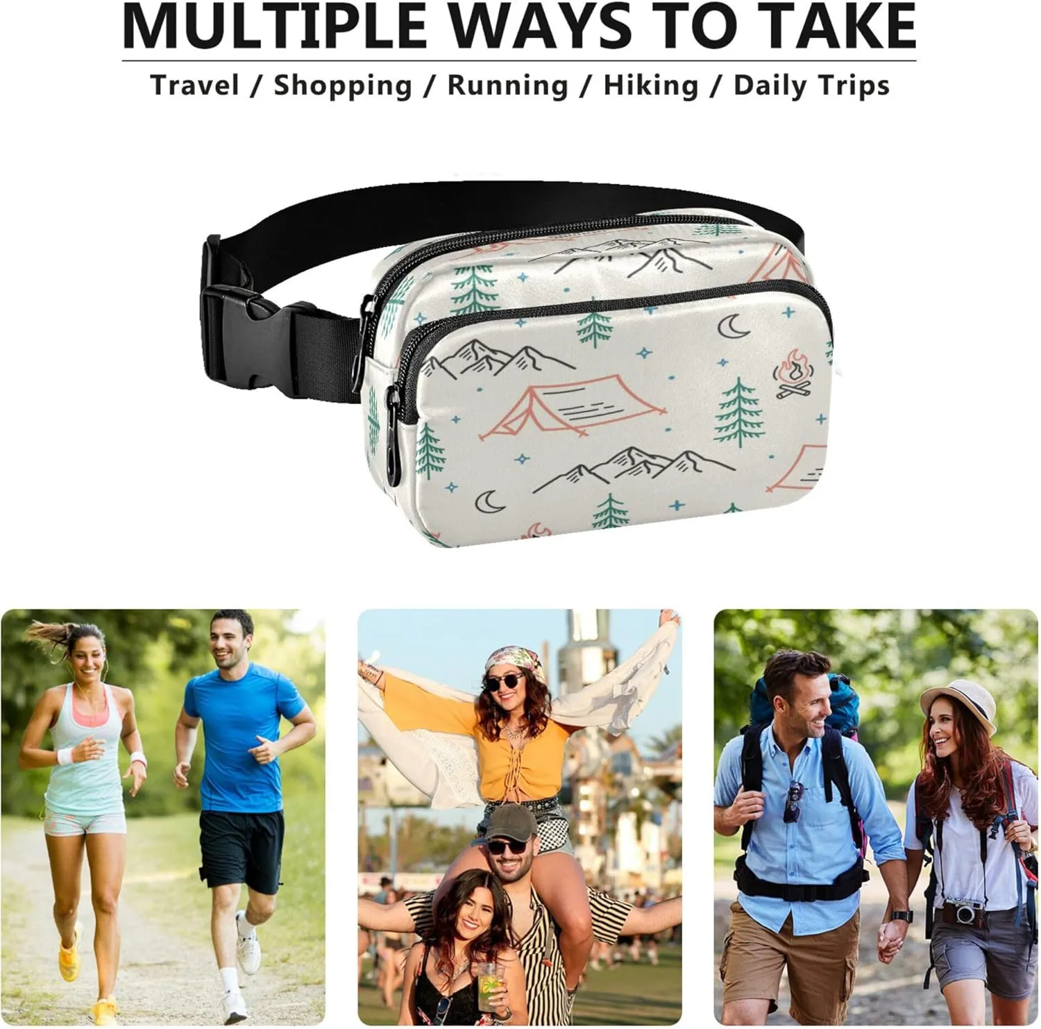 Exnundod Fanny Packs Camping Elements Tents Running Waist Pack Campfires Mountains Women Crossbody Bags Waterproof Men Fanny Pack