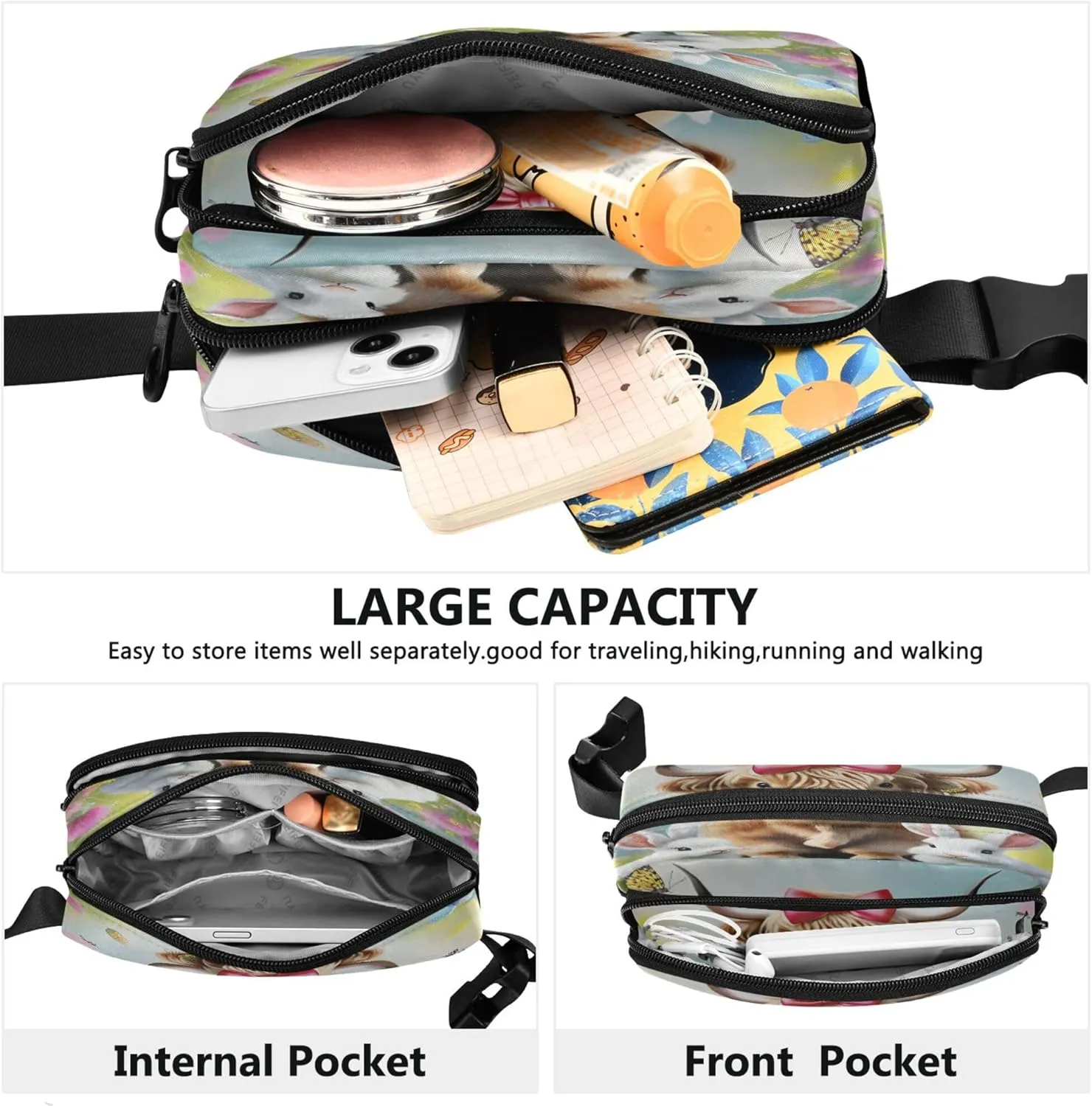 Exnundod Fanny Packs Cartoon Highland Cow with Rabbit Running Waist Pack Flower Butterfly Women Crossbody Bags Waterproof Men Fanny Pack
