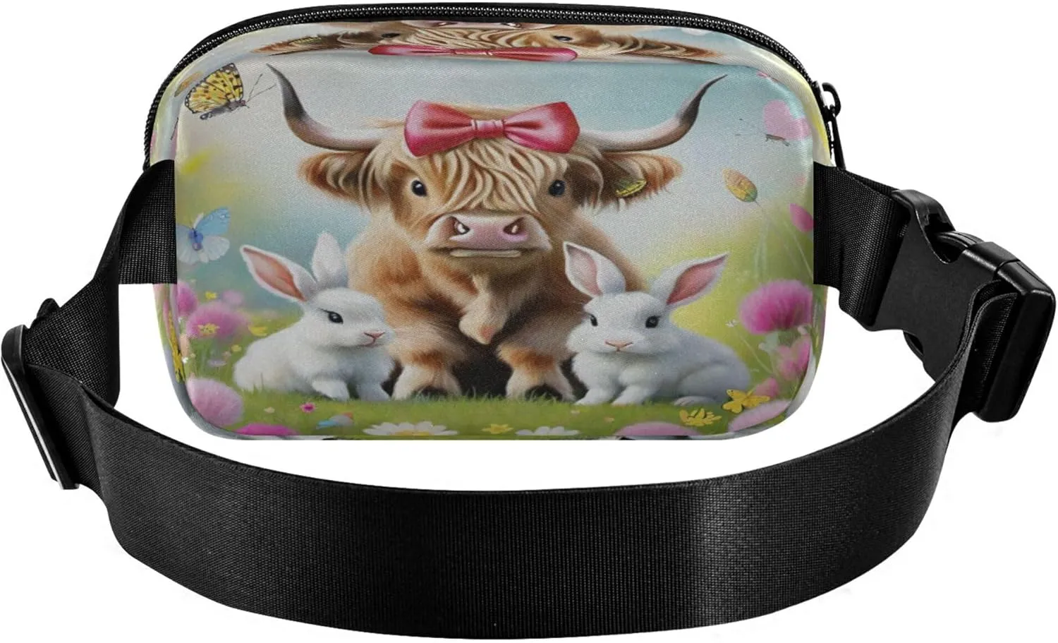 Exnundod Fanny Packs Cartoon Highland Cow with Rabbit Running Waist Pack Flower Butterfly Women Crossbody Bags Waterproof Men Fanny Pack