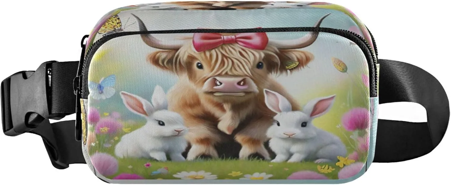 Exnundod Fanny Packs Cartoon Highland Cow with Rabbit Running Waist Pack Flower Butterfly Women Crossbody Bags Waterproof Men Fanny Pack
