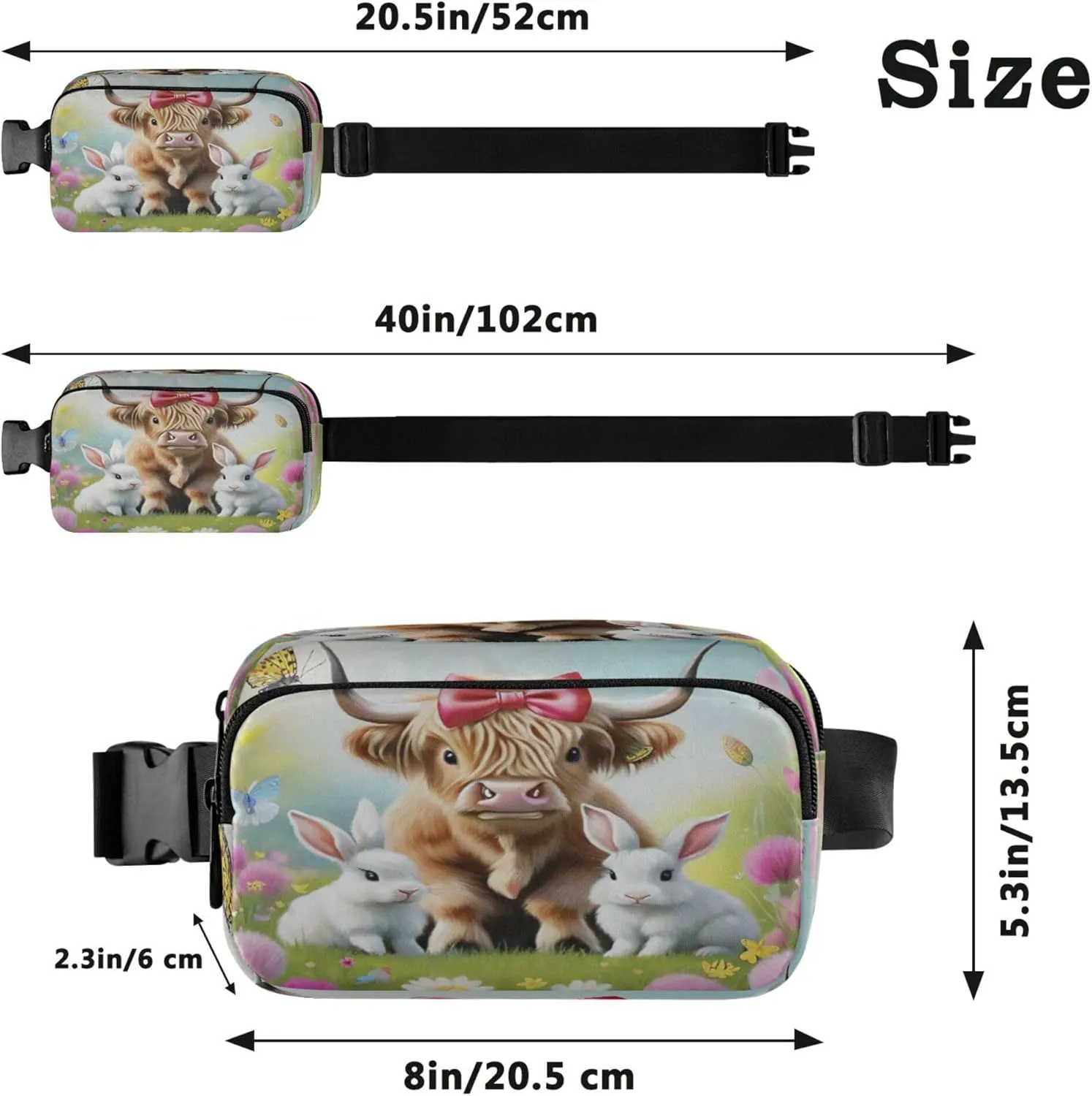 Exnundod Fanny Packs Cartoon Highland Cow with Rabbit Running Waist Pack Flower Butterfly Women Crossbody Bags Waterproof Men Fanny Pack