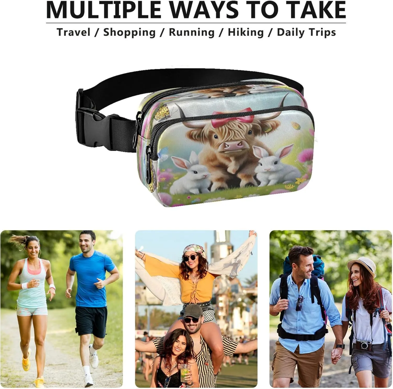 Exnundod Fanny Packs Cartoon Highland Cow with Rabbit Running Waist Pack Flower Butterfly Women Crossbody Bags Waterproof Men Fanny Pack