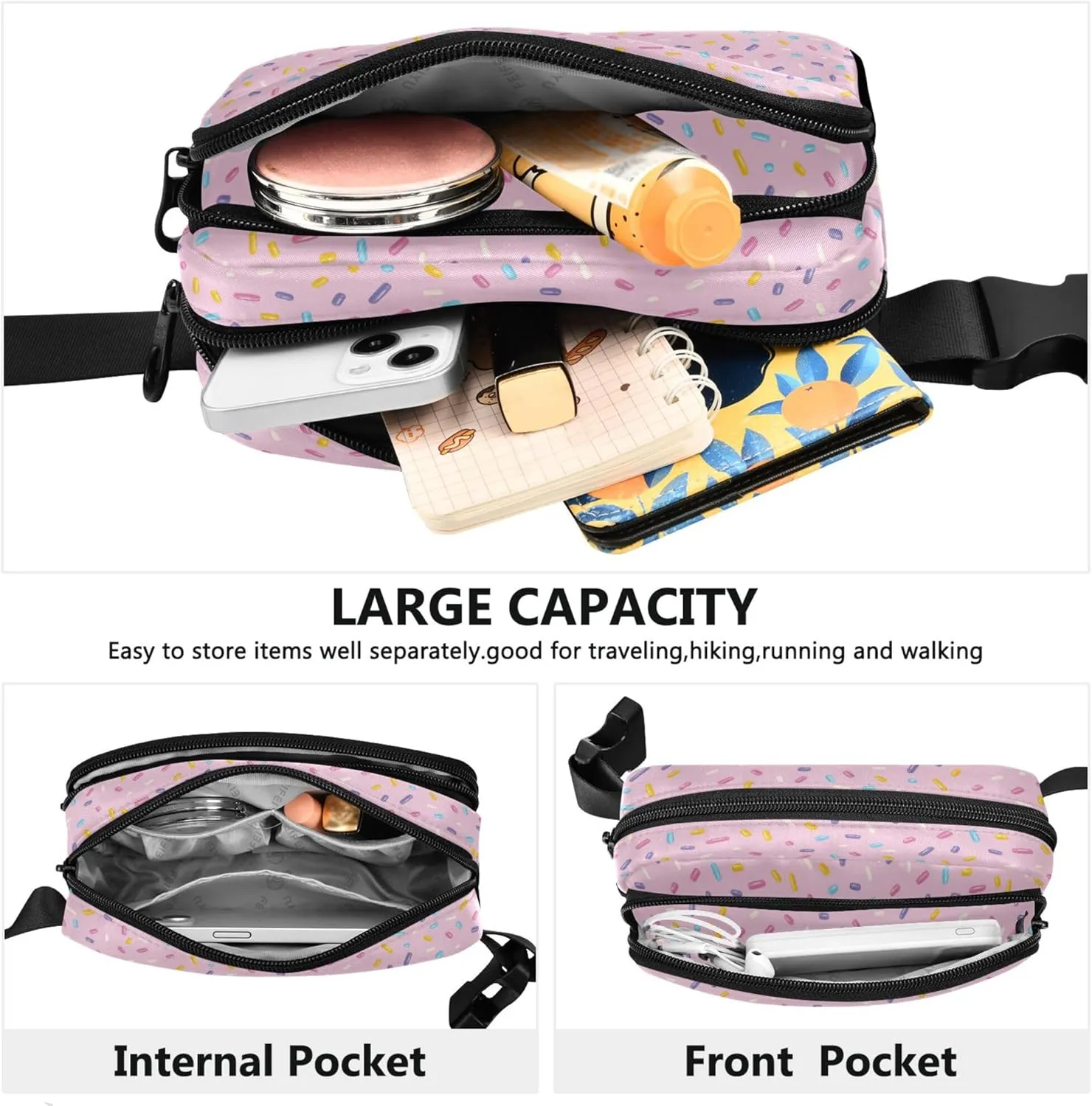 Exnundod Fanny Packs Colorful Crushed Sugar Running Waist Pack Women Crossbody Bags Waterproof Men Fanny Pack