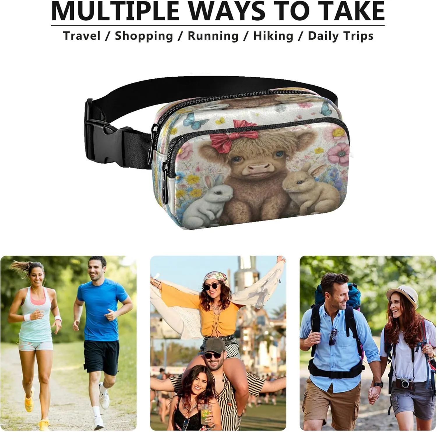 Exnundod Fanny Packs Cute Rabbit with Highland Cow Running Waist Pack Spring Flower Women Crossbody Bags Waterproof Men Fanny Pack