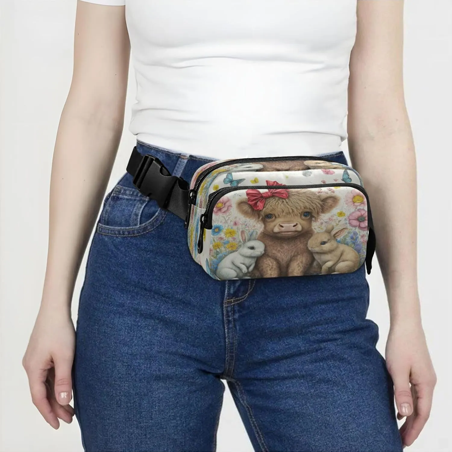 Exnundod Fanny Packs Cute Rabbit with Highland Cow Running Waist Pack Spring Flower Women Crossbody Bags Waterproof Men Fanny Pack