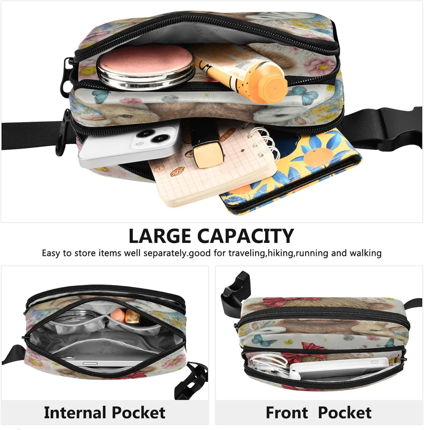 Exnundod Fanny Packs Cute Rabbit with Highland Cow Running Waist Pack Spring Flower Women Crossbody Bags Waterproof Men Fanny Pack