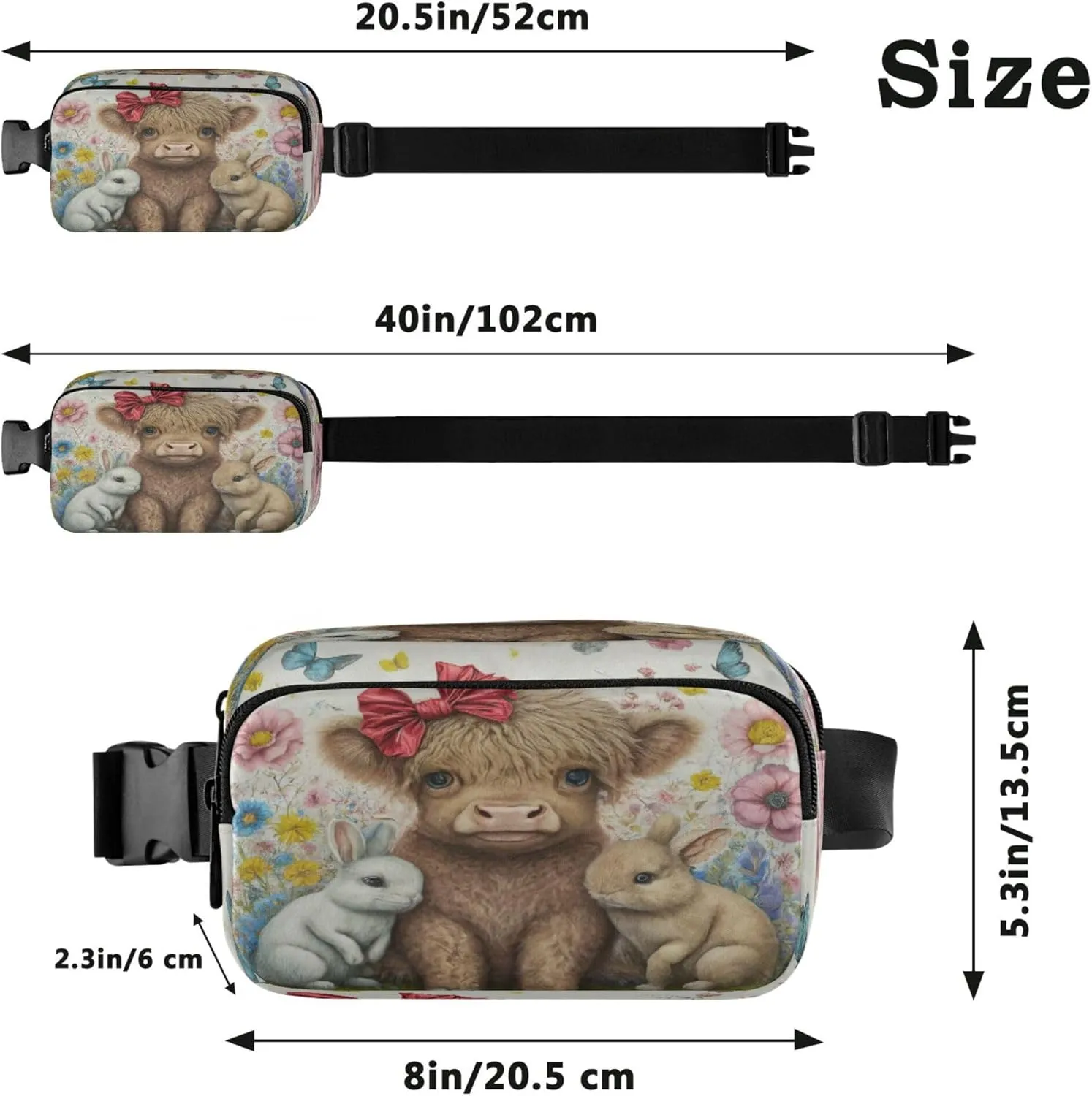 Exnundod Fanny Packs Cute Rabbit with Highland Cow Running Waist Pack Spring Flower Women Crossbody Bags Waterproof Men Fanny Pack