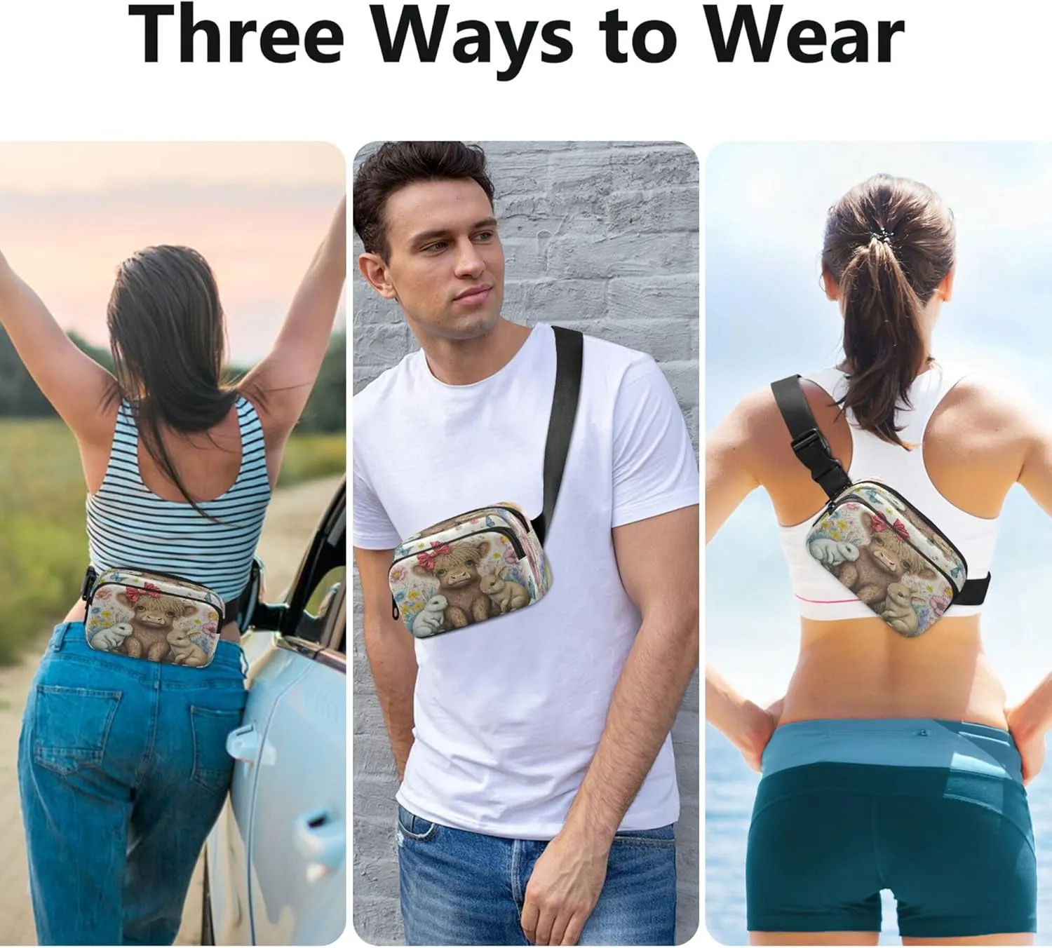 Exnundod Fanny Packs Cute Rabbit with Highland Cow Running Waist Pack Spring Flower Women Crossbody Bags Waterproof Men Fanny Pack