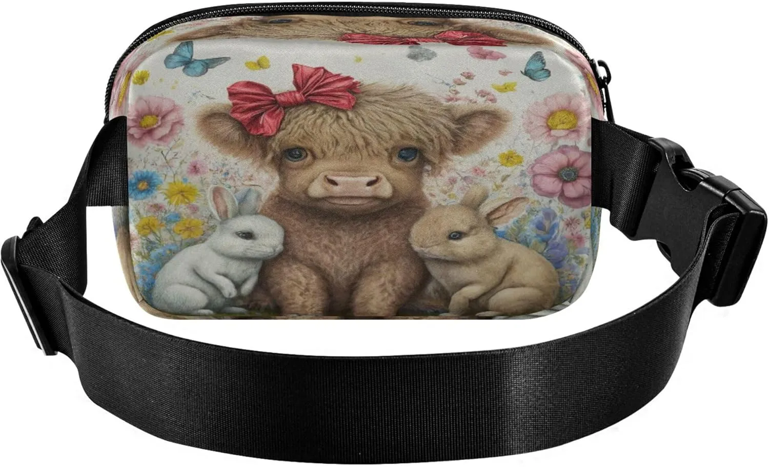 Exnundod Fanny Packs Cute Rabbit with Highland Cow Running Waist Pack Spring Flower Women Crossbody Bags Waterproof Men Fanny Pack
