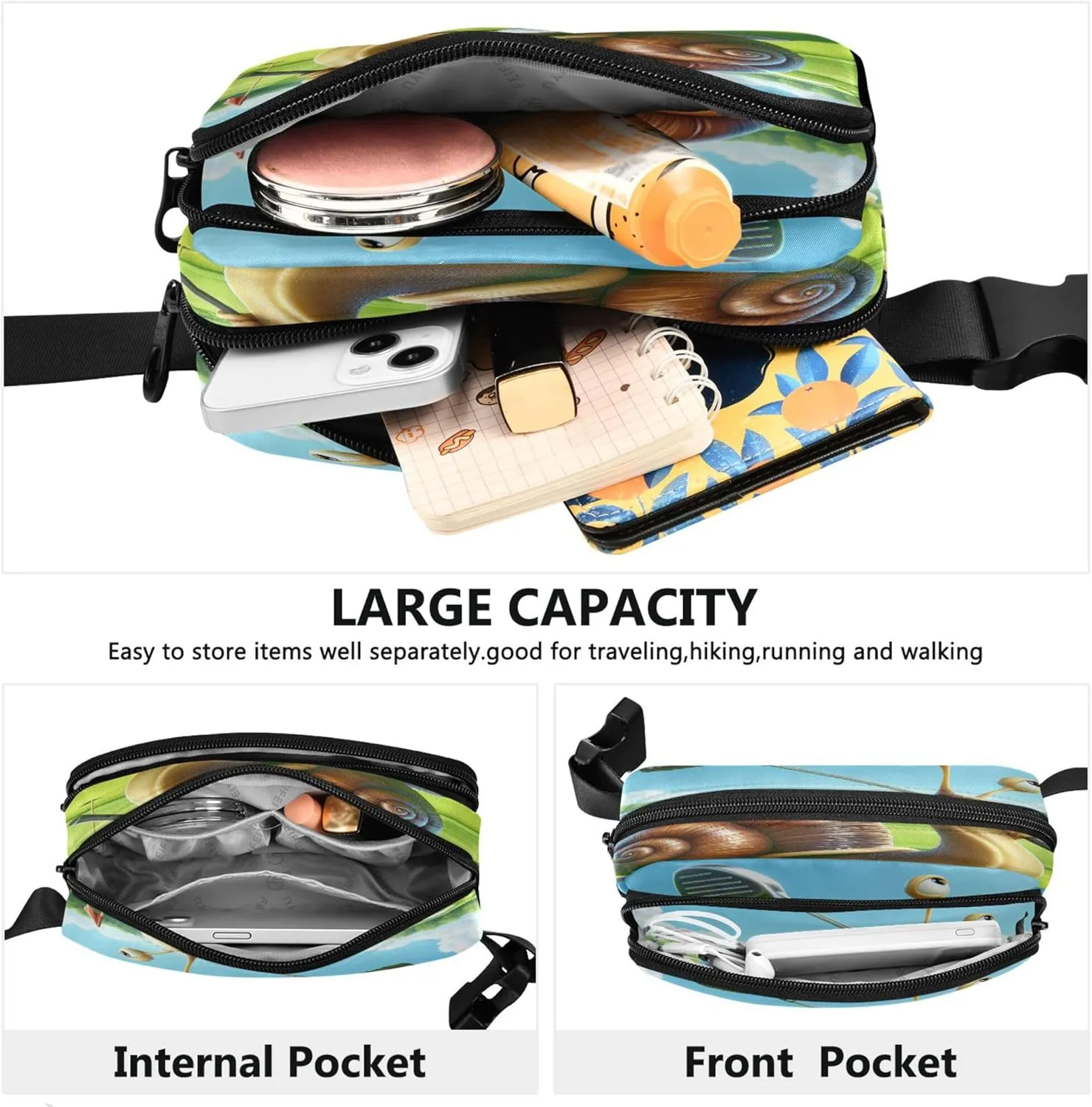Exnundod Fanny Packs Funny Snail Swinging Golf Running Waist Pack Women Crossbody Bags Waterproof Men Fanny Pack