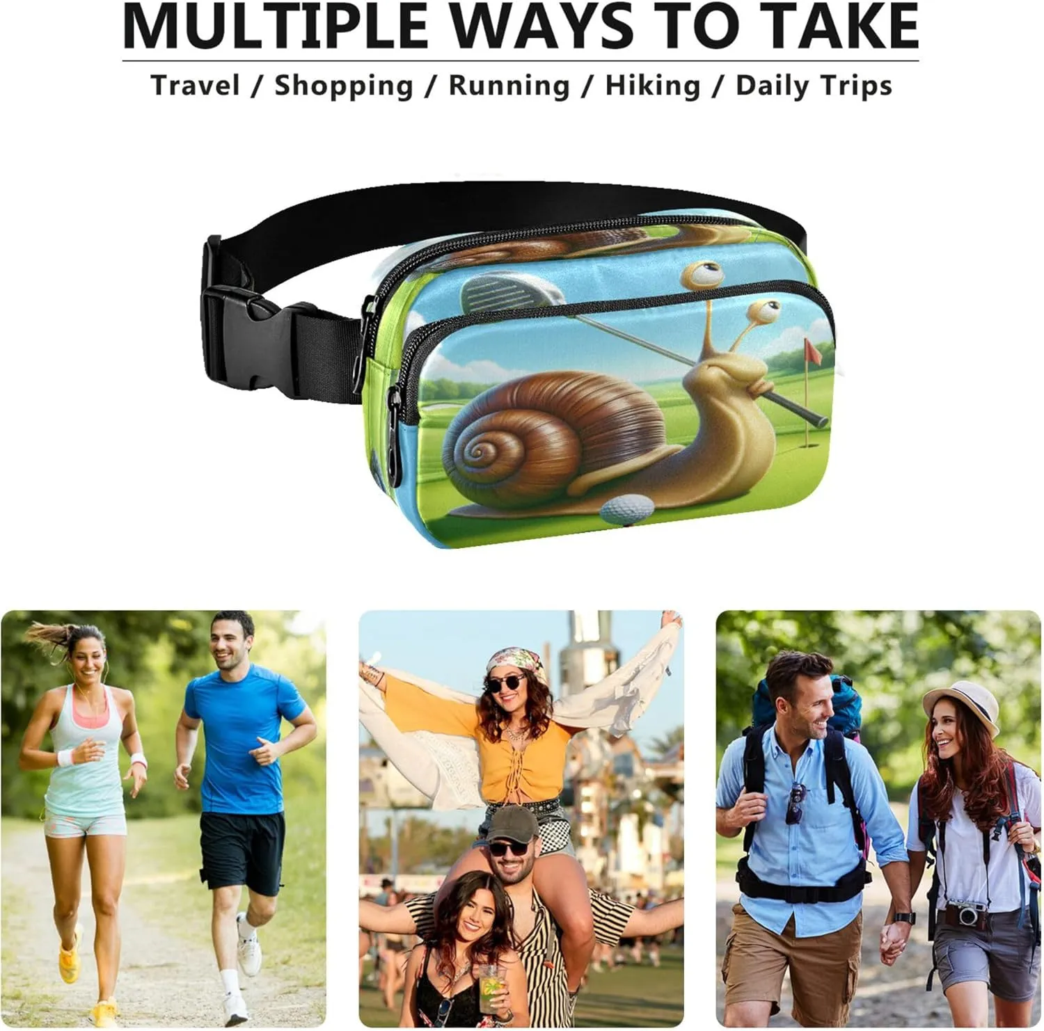 Exnundod Fanny Packs Funny Snail Swinging Golf Running Waist Pack Women Crossbody Bags Waterproof Men Fanny Pack