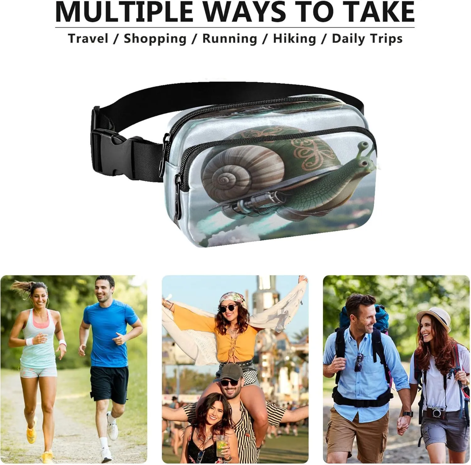 Exnundod Fanny Packs Funny Snail with Jetpack Running Waist Pack Women Crossbody Bags Waterproof Men Fanny Pack
