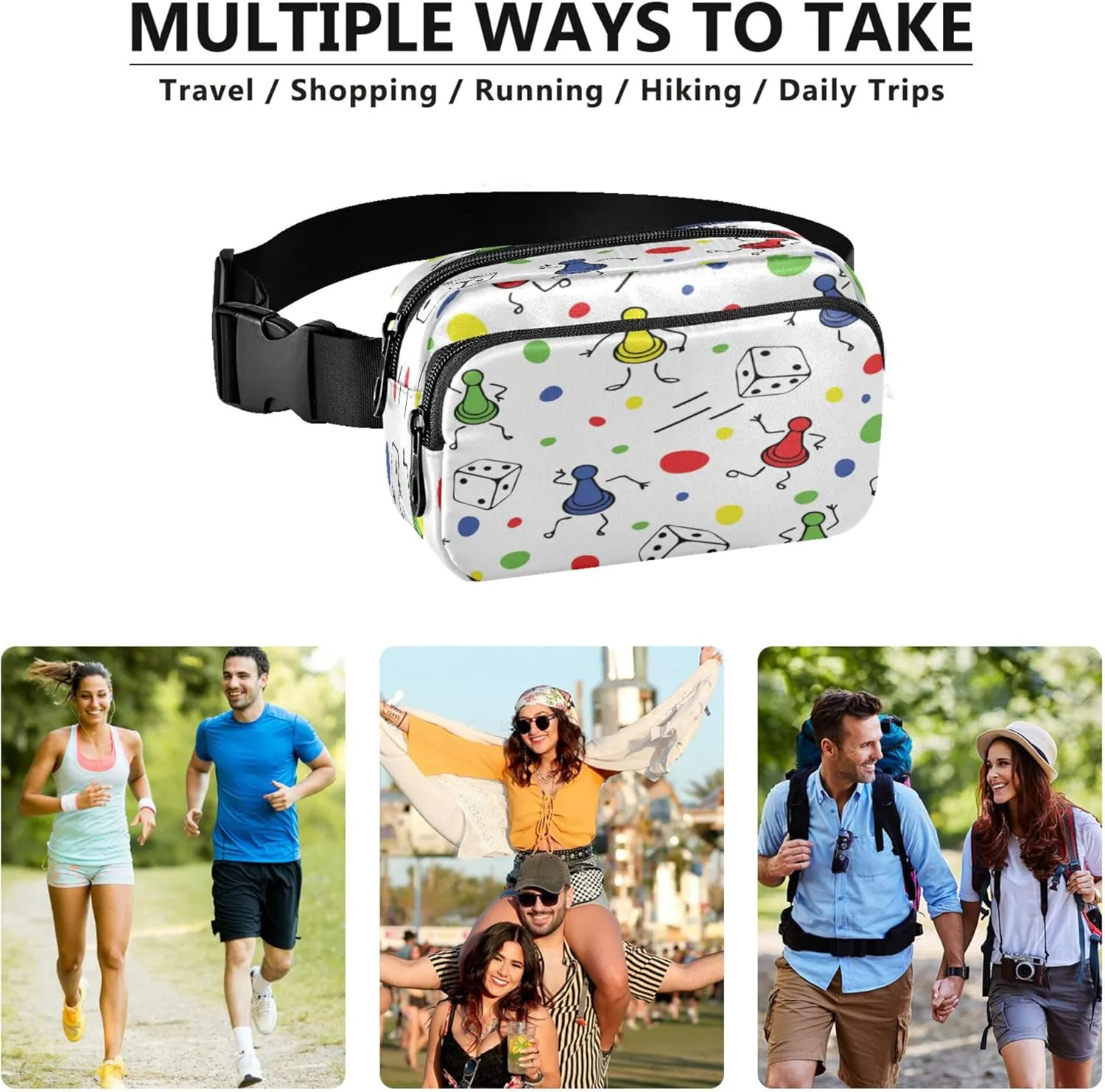 Exnundod Fanny Packs Seamless Board Game Dice Running Waist Pack Women Crossbody Bags Waterproof Men Fanny Pack