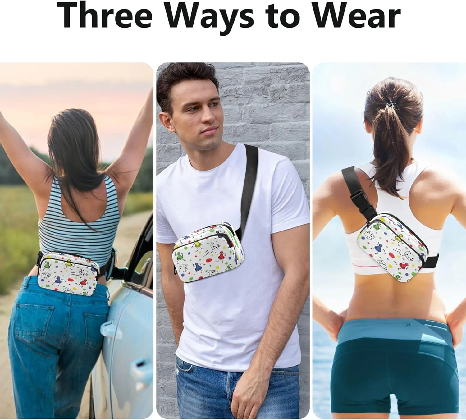 Exnundod Fanny Packs Seamless Board Game Dice Running Waist Pack Women Crossbody Bags Waterproof Men Fanny Pack