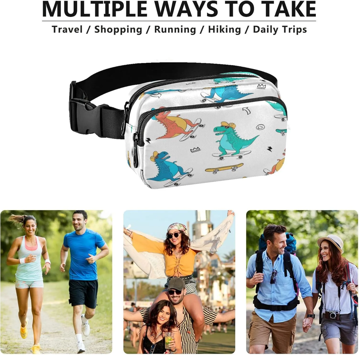 Exnundod Fanny Packs Skater Dinosaurs Pattern Running Waist Pack Women Crossbody Bags Waterproof Men Fanny Pack