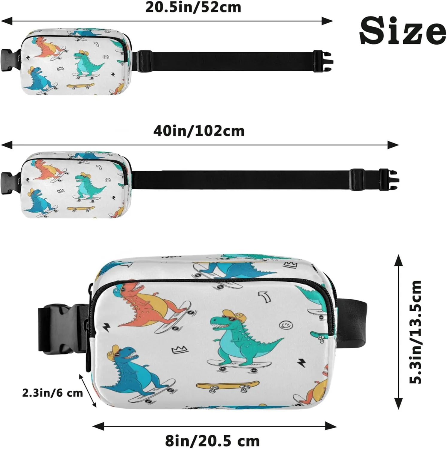 Exnundod Fanny Packs Skater Dinosaurs Pattern Running Waist Pack Women Crossbody Bags Waterproof Men Fanny Pack