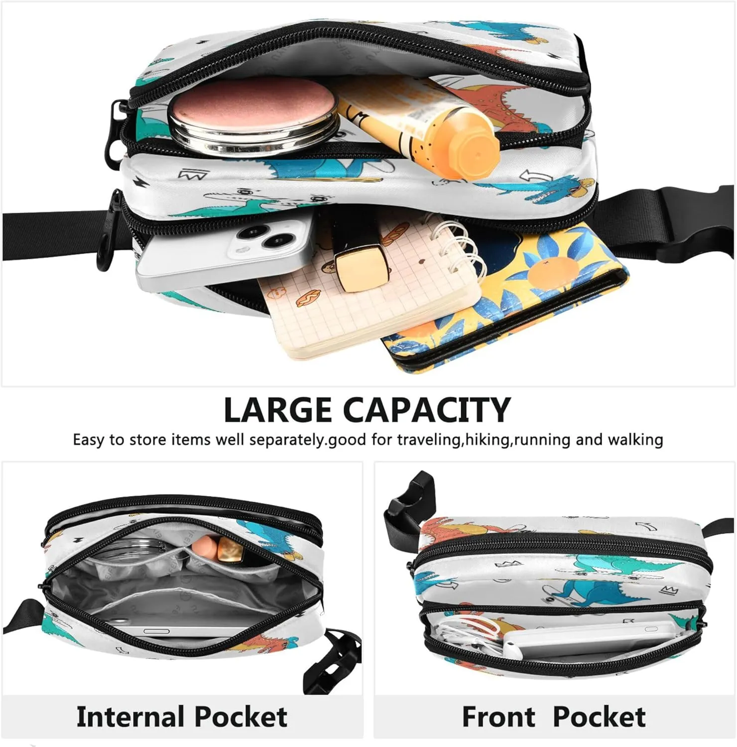 Exnundod Fanny Packs Skater Dinosaurs Pattern Running Waist Pack Women Crossbody Bags Waterproof Men Fanny Pack