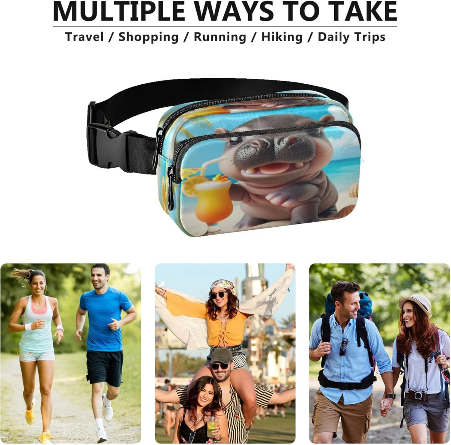 Exnundod Fanny Packs Summer Beach Hippo Running Waist Pack Tropical Women Crossbody Bags Waterproof Men Fanny Pack